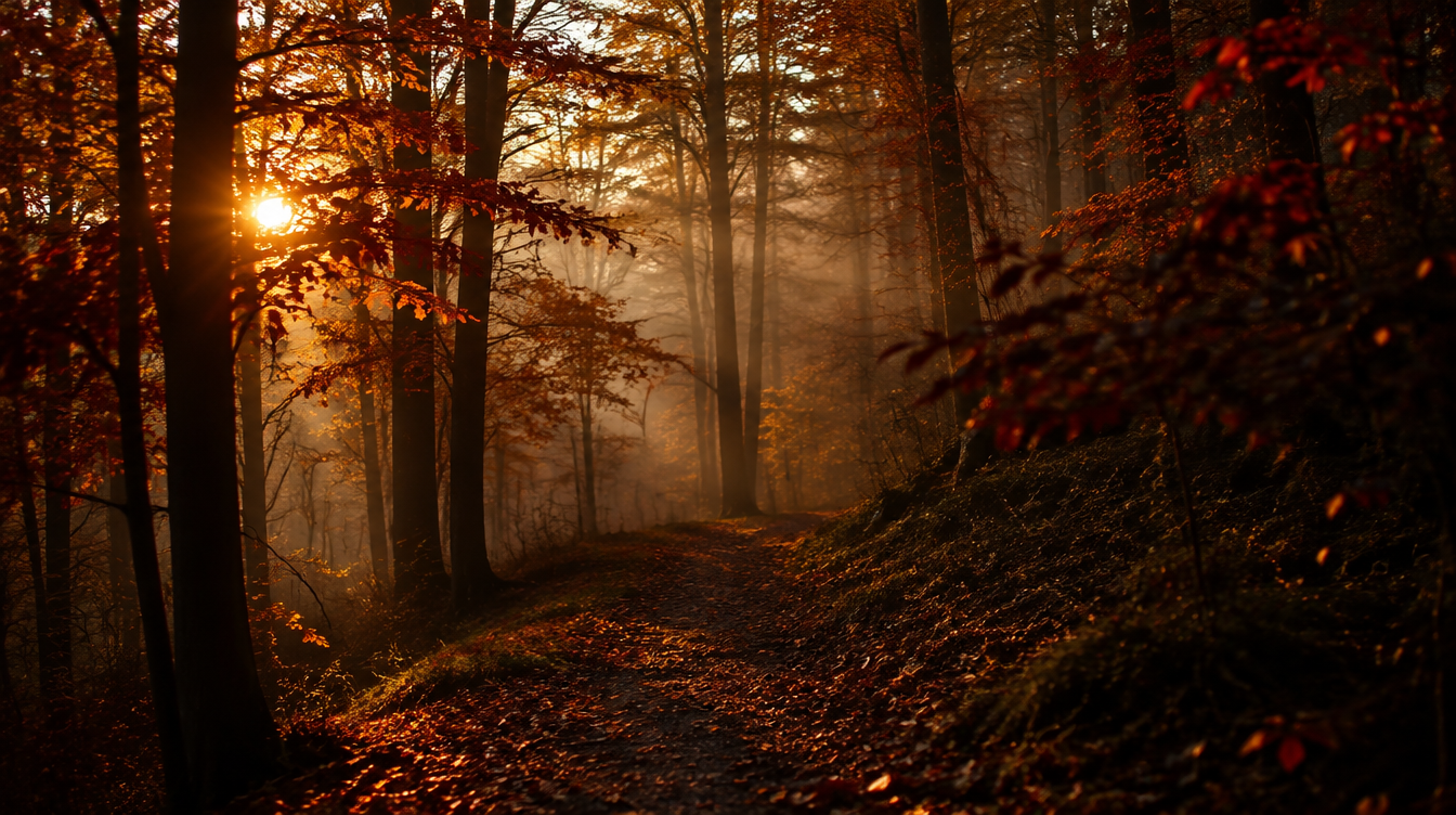 Nebliger Herbstwald im goldenen Abendlicht