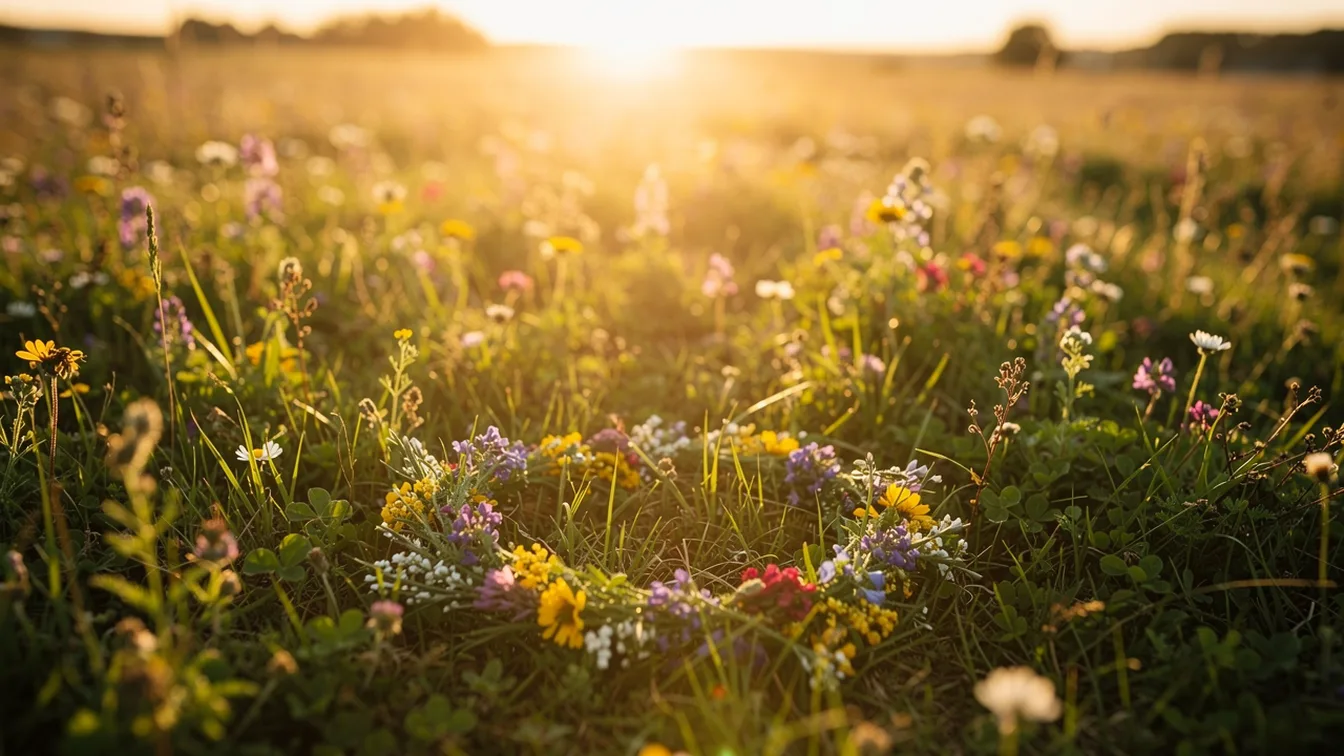 Blumenwiese im goldenen Abendlicht