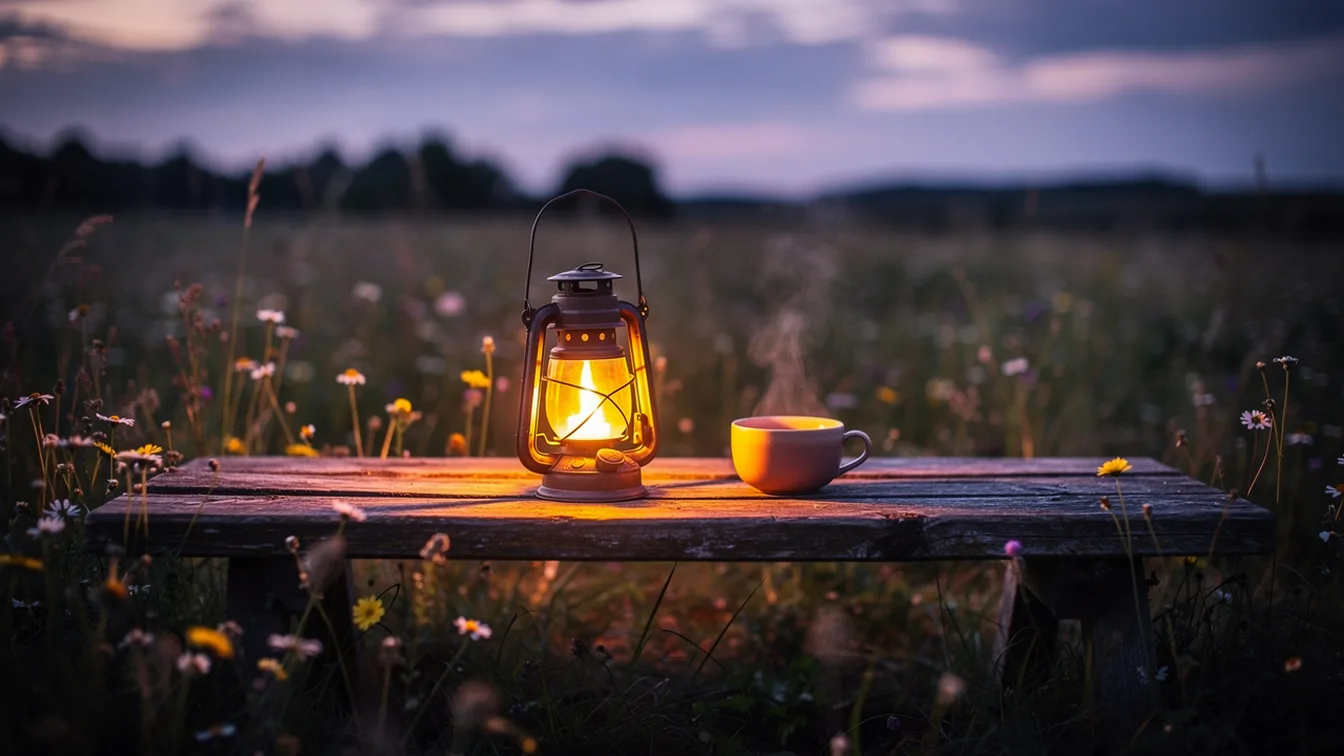 Laterne und Tee auf einer Bank in der Abendwiese