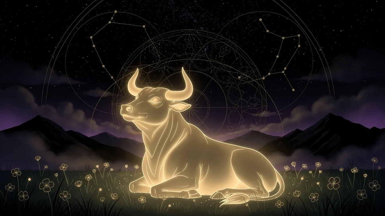 Illustration: A calm powerful bull made of soft golden light resting in a flowering meadow