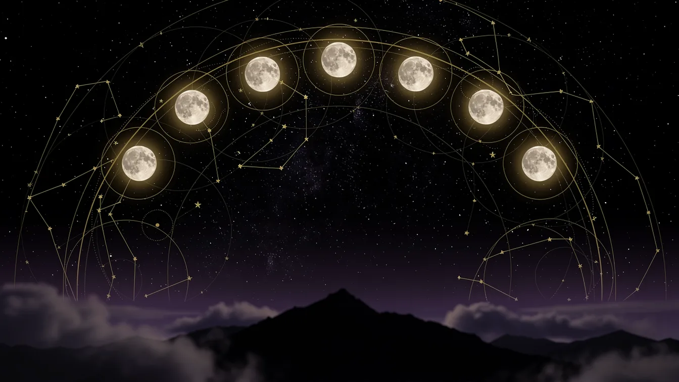 Illustration: Twelve full moons arranged in a circle above seasonal landscapes