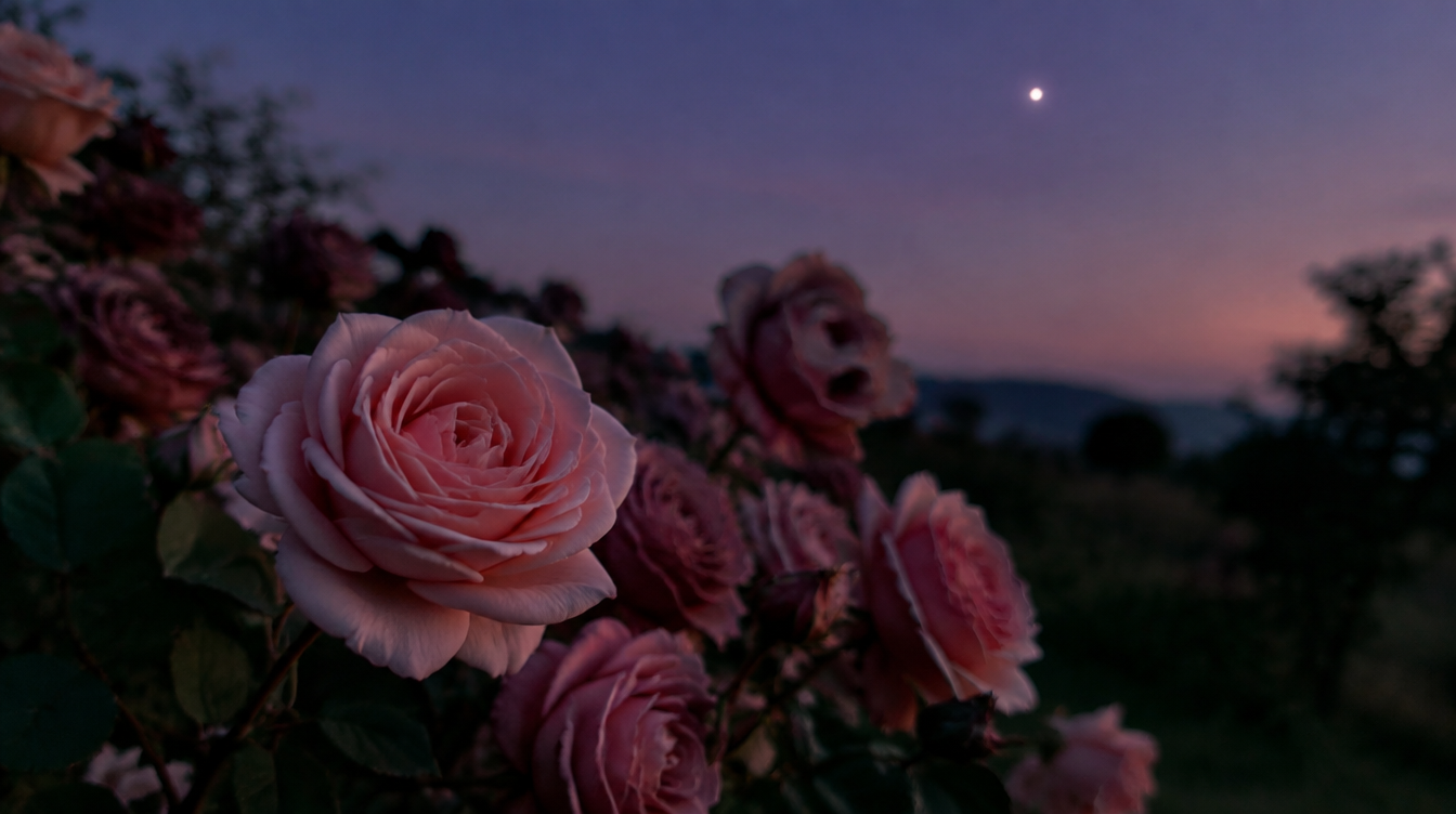 Rosen in der Abenddämmerung, Venus am Himmel